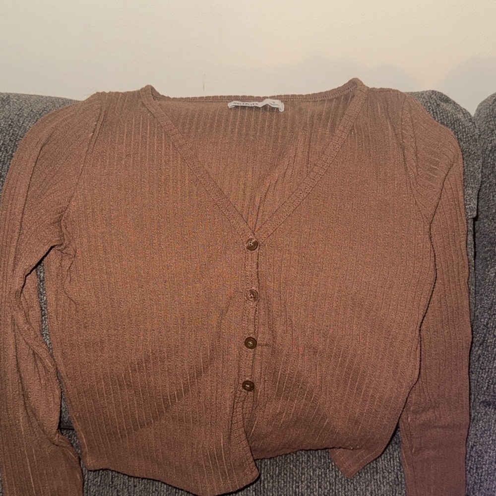 Brown Ribbed Women's Cardigan Sweater